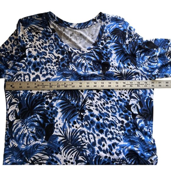 Palm Grove L Blue & White Tropical Print 3/4 Sleeve Top Side Drawstring & Studs - Picture 9 of 10